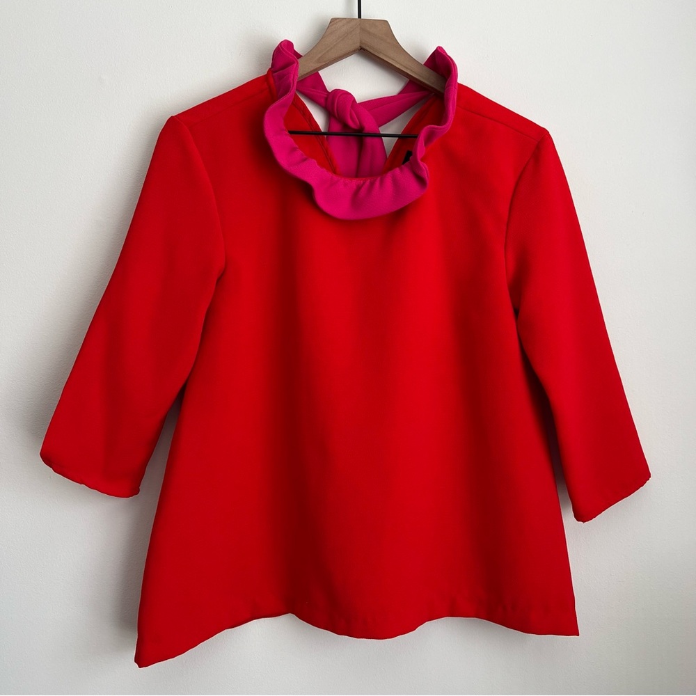 Tuckernuck Red Blouse with Pink Ruffle Tie Neck